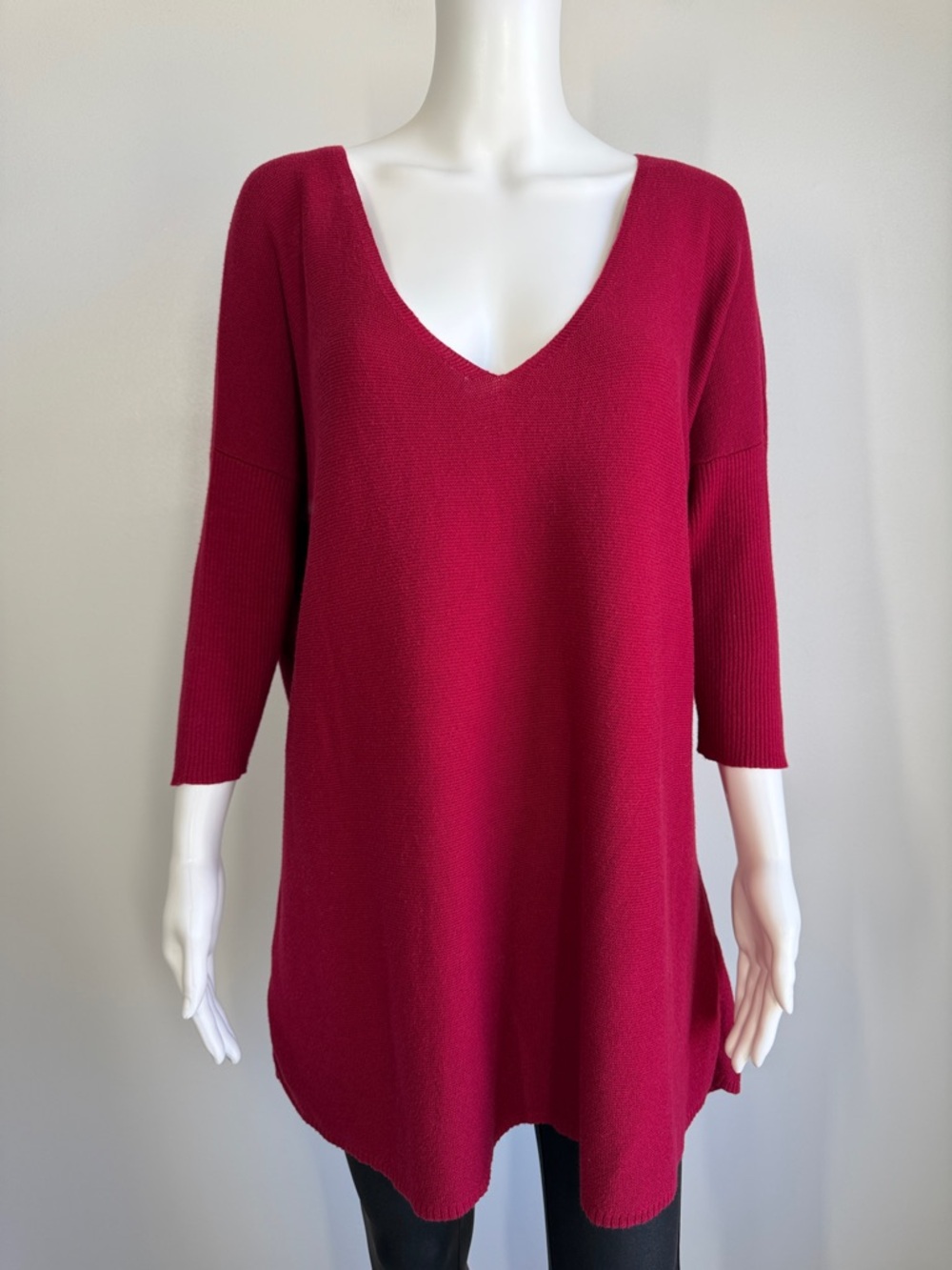 Eileen Fisher Organic Cotton Tunic Sweater Oversized Deep V Red Small
